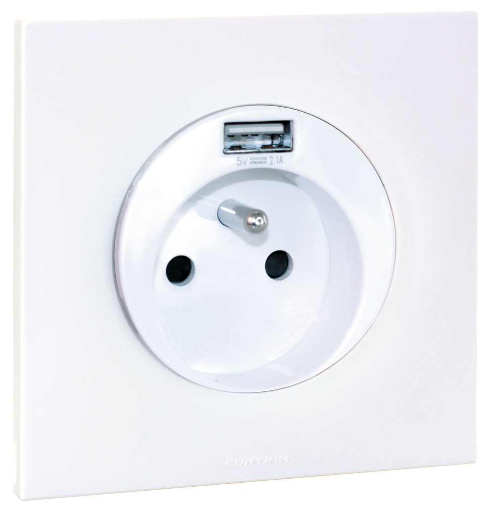 Square - prise 2P+T + USB + plaque - blanc