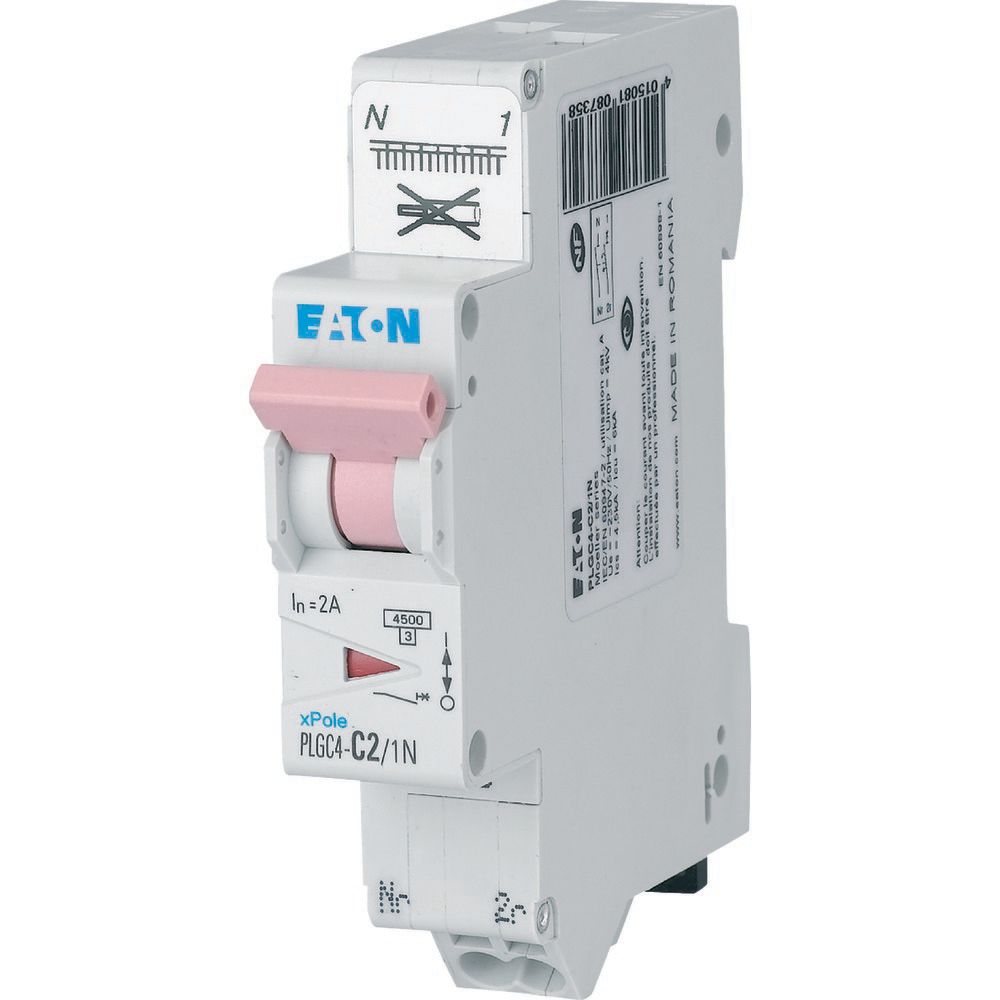 Disjoncteur modulaire, borne à ressort, 1P+N, 2A, courbe C, 4,5kA (EN 60898)