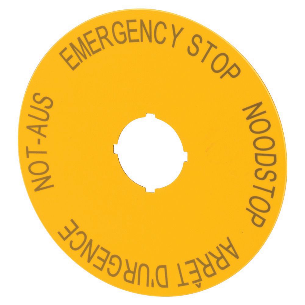 Étiquette, arrêt d'urgence, jaune, D=90mm, 4 langues, DE, EN, néerlandais, FR