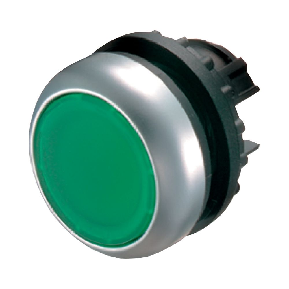 Bouton-poussoir lumineux, plat, vert, à rappel