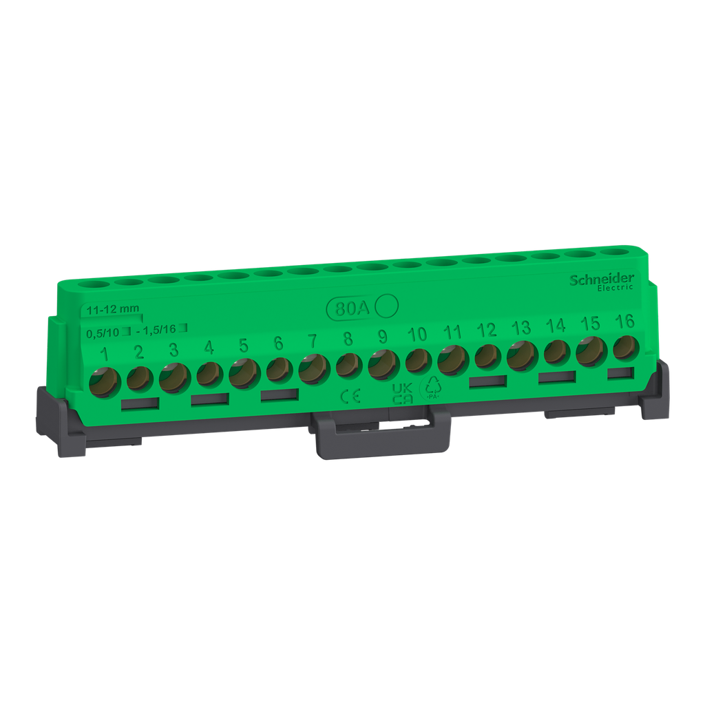 Linergy - bornier 80A à vis 16 trous 8x16²+8x10² et couvercles pour Terre/Neutre