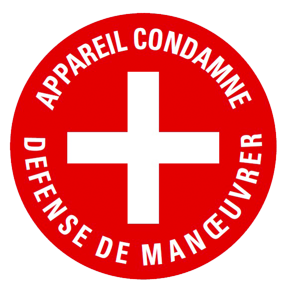 Macaron PVC de signalisation "APPAREIL CONDAMNÉ" Ø 60 mm. Code Enedis : 3700104.