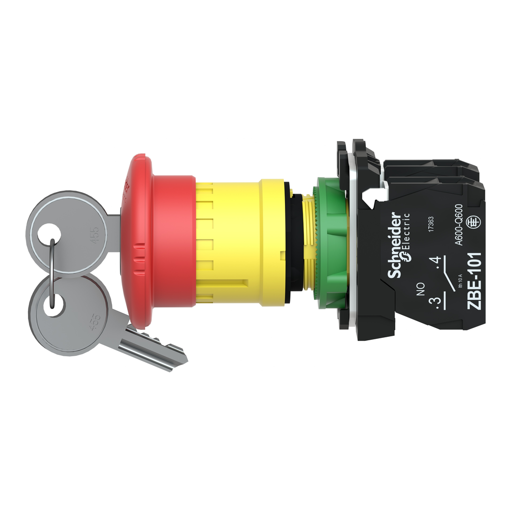 Harmony XB5 - bouton arrêt urgence - Ø40 - à clé 455 - rouge - 1O+1F - vis