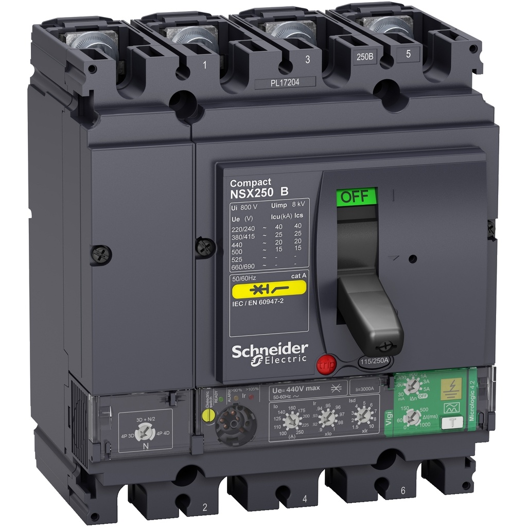 Compact NSX250B - disjoncteur différentiel - 4P4d 25kA Micrologic 4.2 Vigi 250A