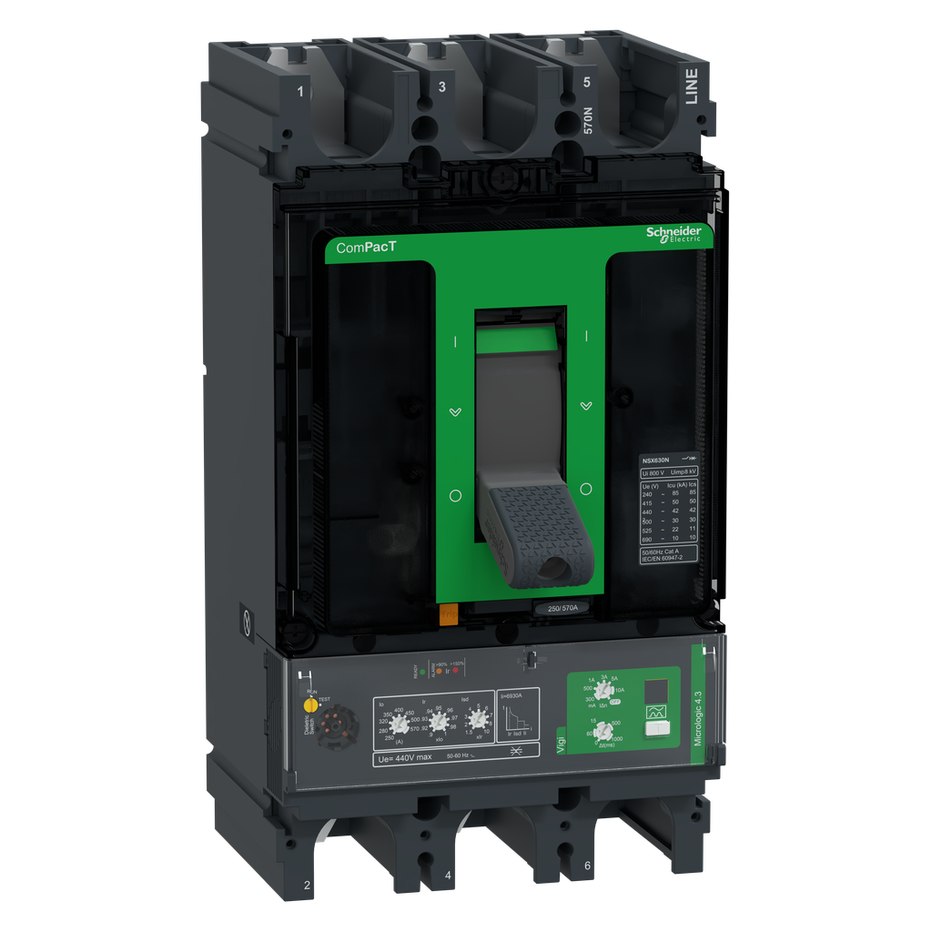 ComPacT NSX630N - Disjoncteur Vigi - MicroLogic 4.3 570A - 3P3D - 50kA - fixe