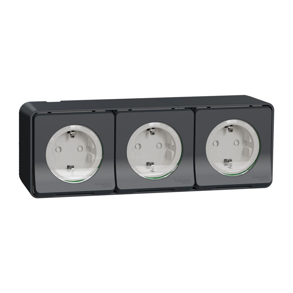 Mureva Styl - 3 PC 2P+T schuko horiz précâblées - saillie - IP55 - IK08 - gris