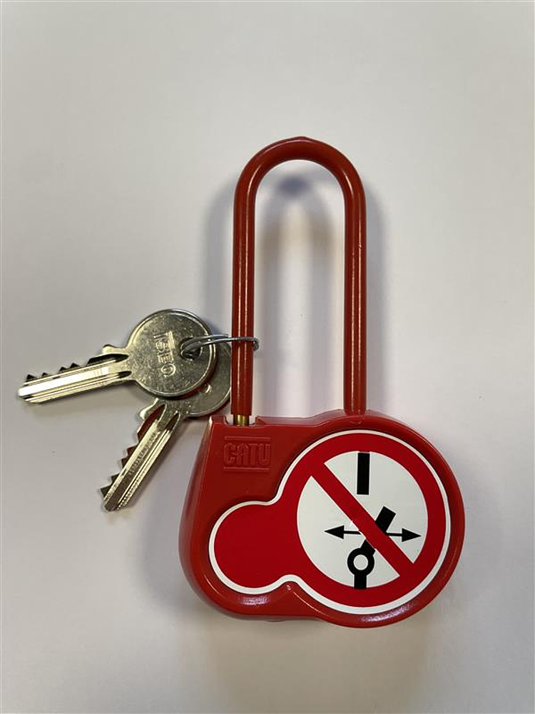 Cadenas de condamnation rouge, anse isolée H 50 mm Ø 6,2 mm, clé 2222. Export.