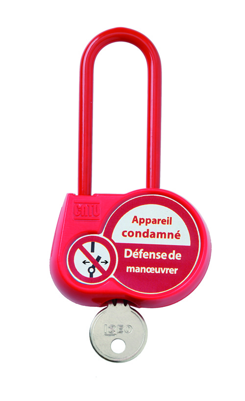 Cadenas de condamnation rouge, anse isolée H70 mm, clé al. "appareil condamné"