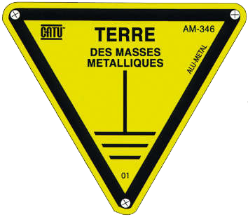 Pancarte triangulaire en alu. (ep. 0,5 mm) pour identification terre masses.