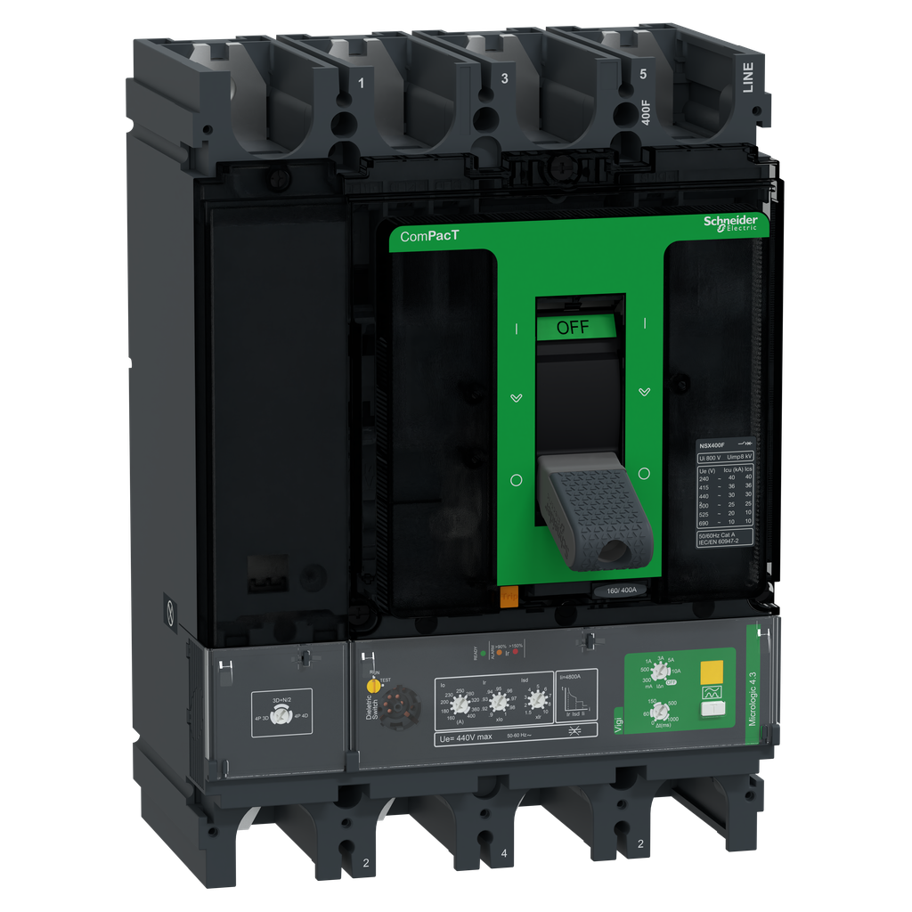 ComPacT NSX400F - Disjoncteur Vigi - MicroLogic 4.3 400A - 4P4D - 36kA - fixe