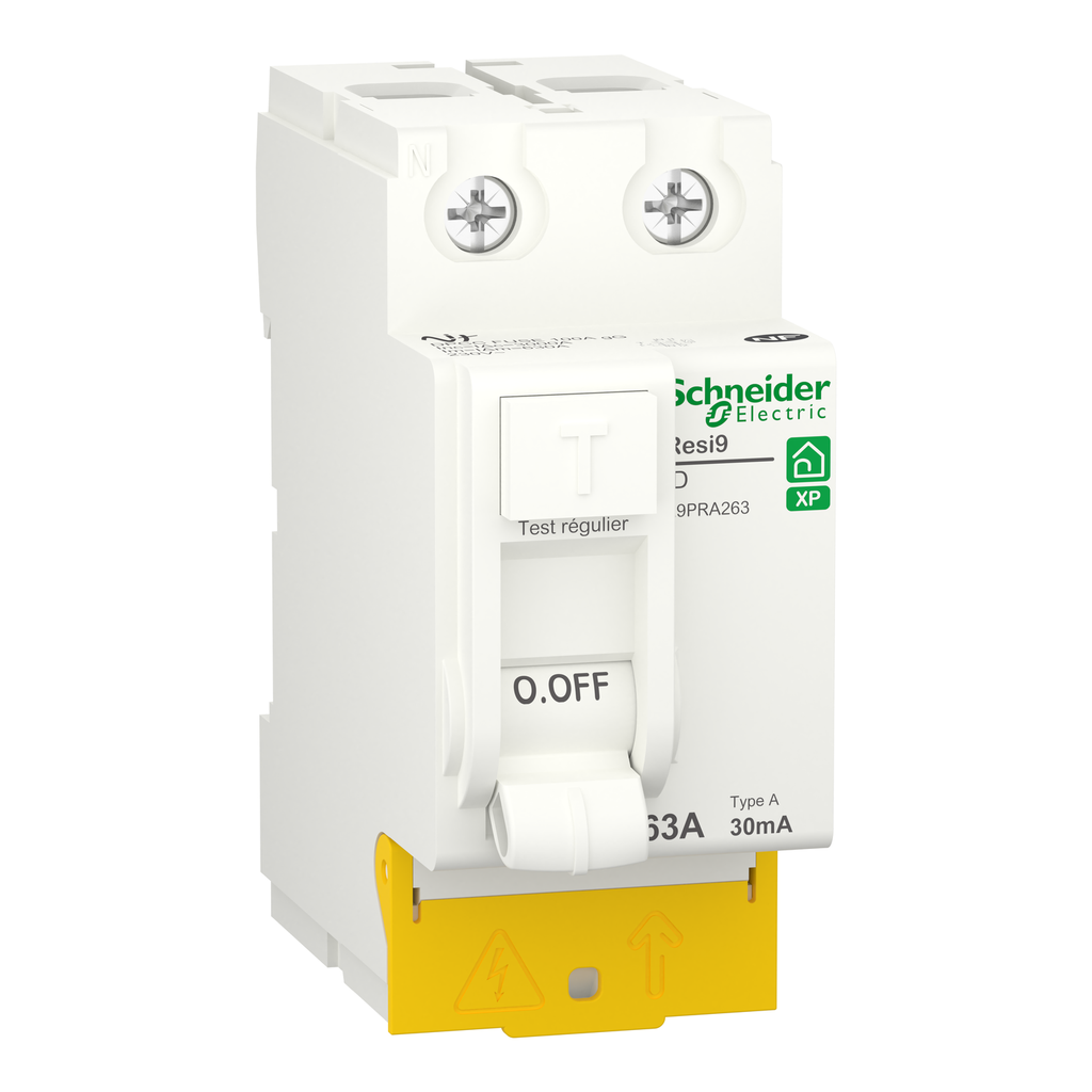Resi9 - inter différentiel - 2P - 63A - 30mA - Type A - peignable - alim bas
