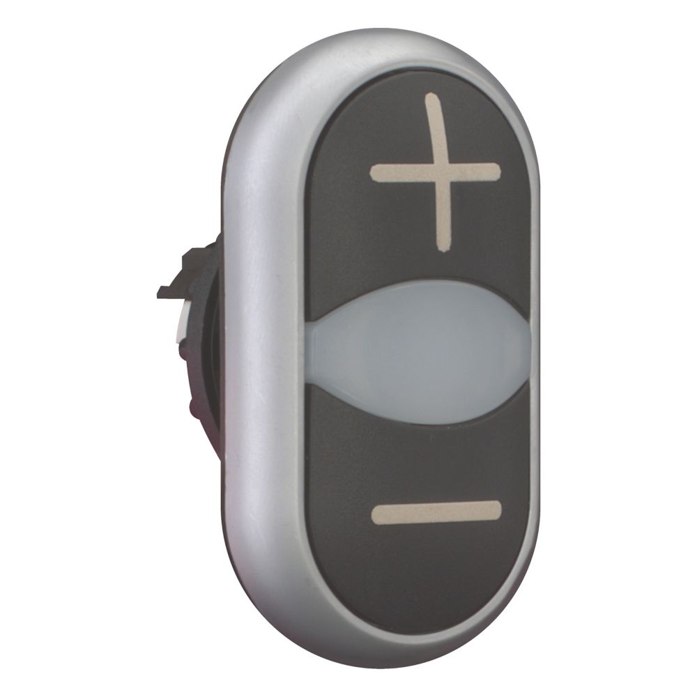 Bouton-poussoir double avec élement DEL, noir +/blanc/noir -