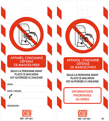Affichette PVC de signalisation "CONDAMNATION BT", dimensions 170 x 75 mm.