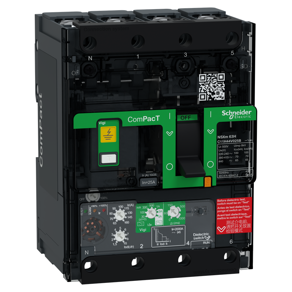 ComPacT NSXmH - disj Vigi - MicroLogic 4.1 25A - 4P4D - 70kA - borne à cosses