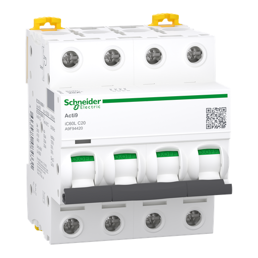 [SCHA9F94420] Acti9 iC60L - Disjoncteur - 4P - 20A - Courbe C - 400Vac - 15000A/25kA