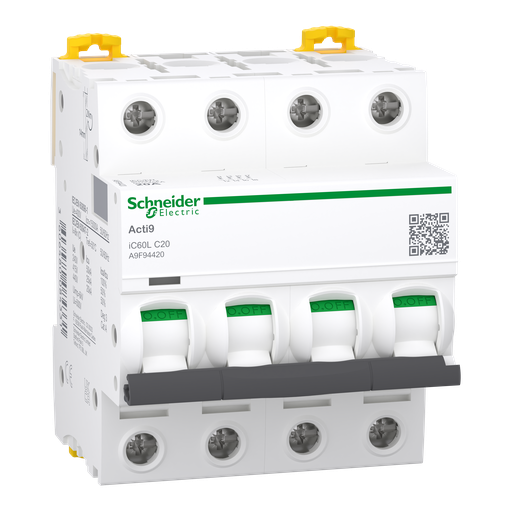 [SCHA9F94420] Acti9 iC60L - Disjoncteur - 4P - 20A - Courbe C - 400Vac - 15000A/25kA
