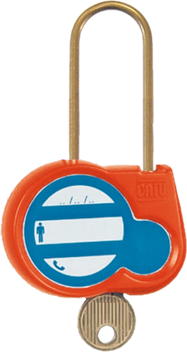 [CATAL-240-OR-00] Cadenas orange anse 50mm diamètre 4mm clé à définir -"Appareil condamné".