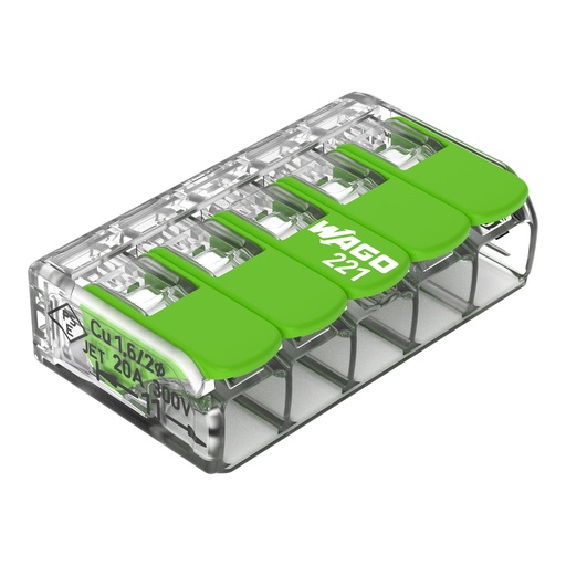 [WAG221-425] Borne WAGO 221 Green 5x4mm² à leviers souple & rigide