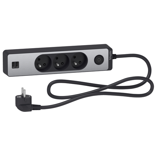 [SCHST933U1BA] Odace - Rallonge multiprises 3 prises 2P+T - anthracite/aluminium - 2USB - 1,5m