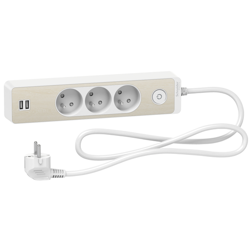 [SCHST933U1WC] Odace - Rallonge multiprises 3 prises 2P+T - blanche/bois - 2USB - 1,5m