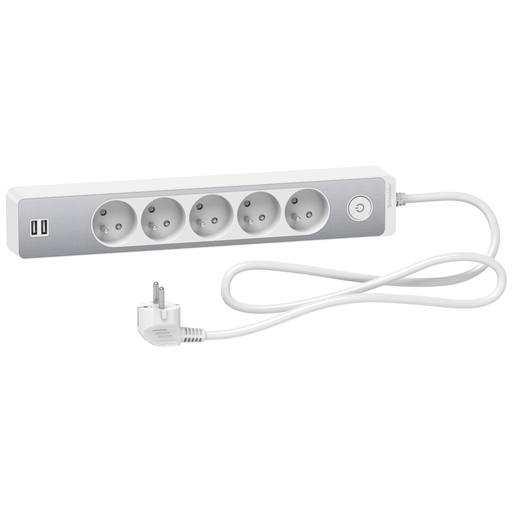 [SCHST935U1WA] Odace - Rallonge multiprises 5 prises 2P+T - blanche/aluminium - 2USB - 1,5m